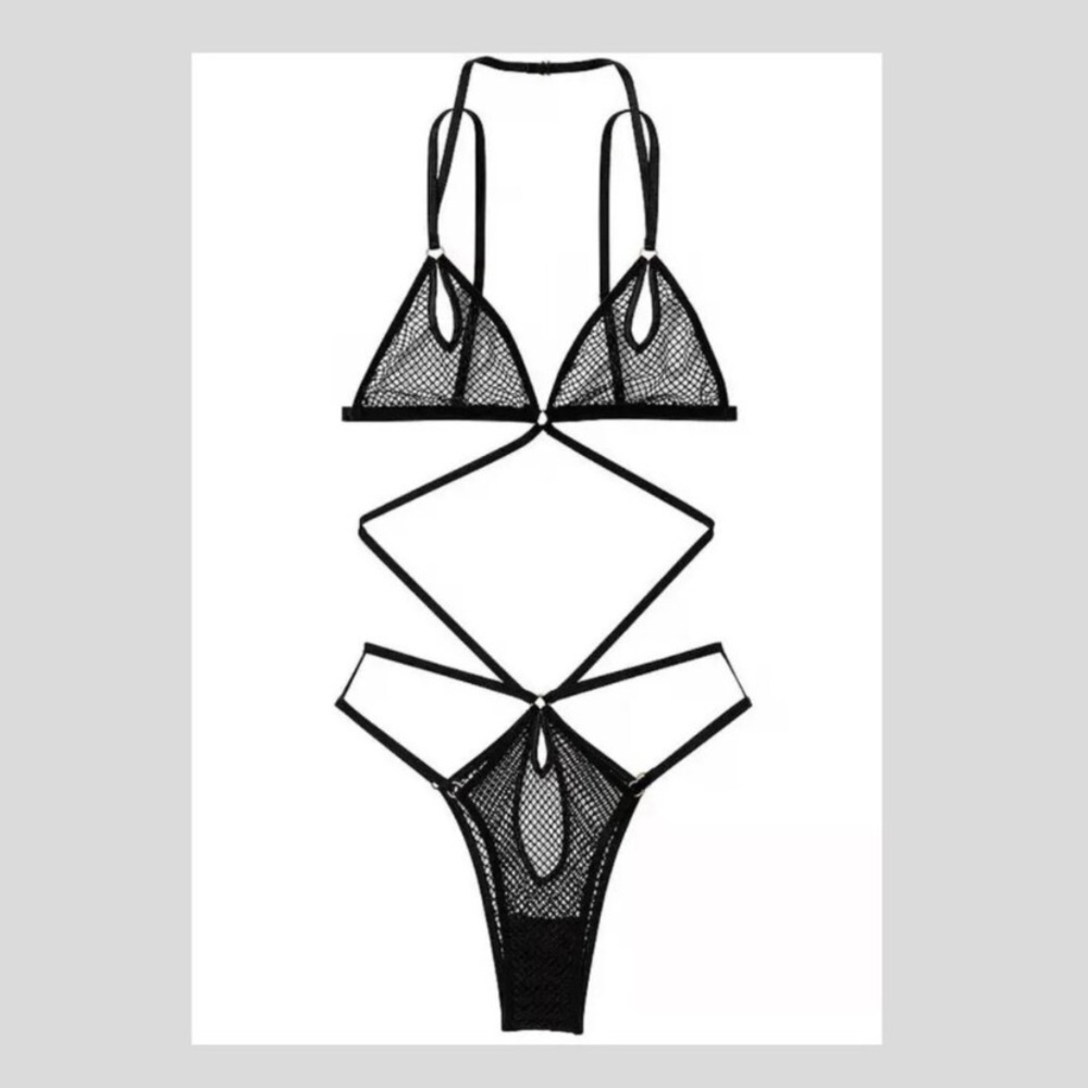 New! Victoria’s Secret Black Fishnet Mesh Unlined Strappy Teddy 51047
